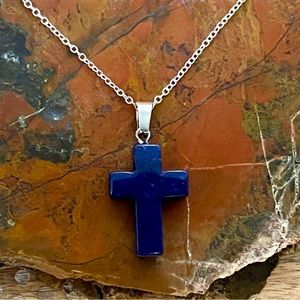New Beautiful Lapis Lazuli Cross Pendant On 925 Silver Chain Necklace.